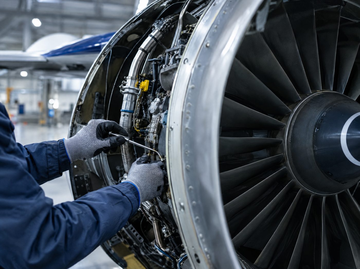 Gloved hands of a technician servicing an open jet engine cowling