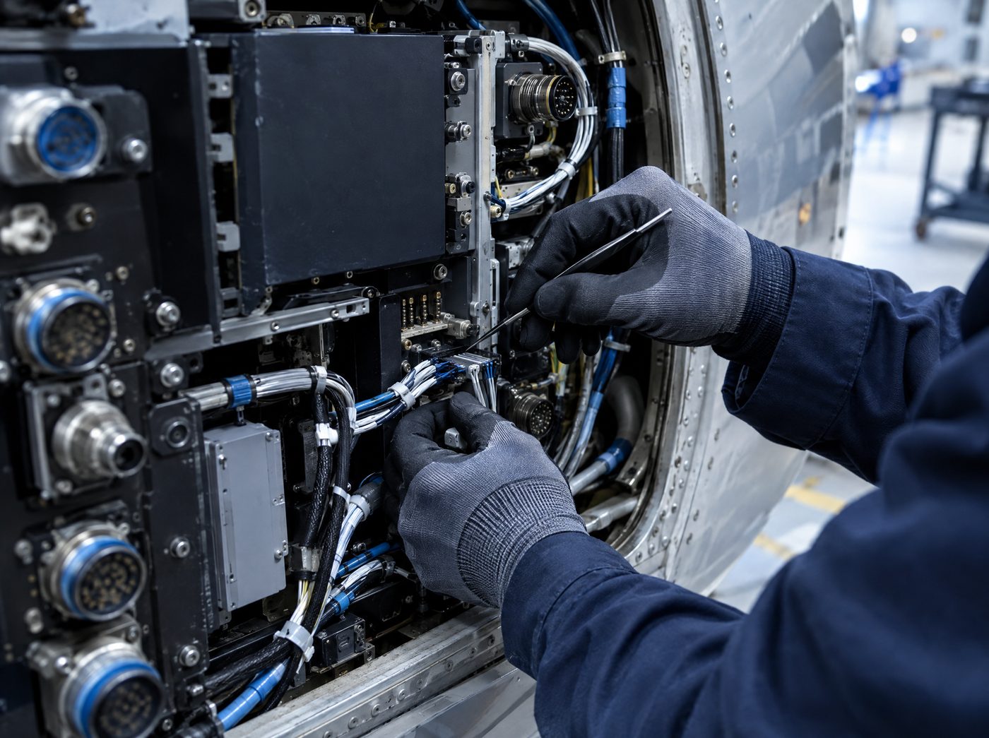 A technician's gloved hands using a precision tool to work on wiring and connectors inside an open aircraft avionics bay